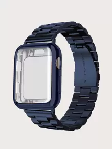 1pc Solid Watchband & 1pc 2 In 1 Watch Case Compatible With Apple Watch - Navy Blue - View 1