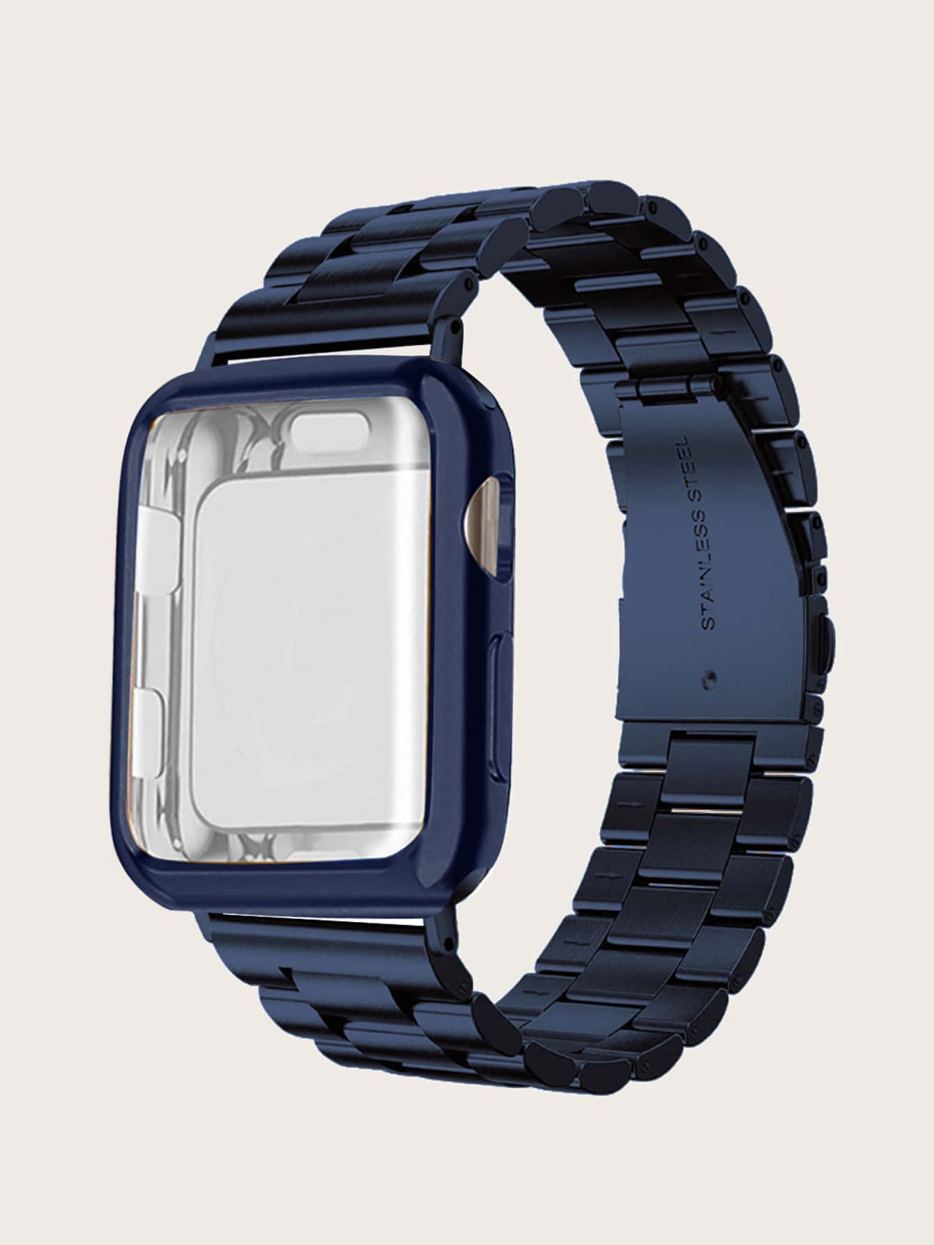 1pc Solid Watchband & 1pc 2 In 1 Watch Case Compatible With Apple Watch - Navy Blue - View 1