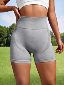 Yoga Basic Seamless Wideband Waist Sports Shorts - Light Grey - View 3