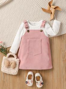 Baby Patched Pocket Pinafore Dress & Tee - Multicolor - View 4