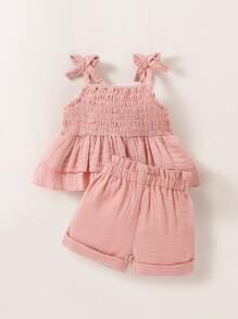 Baby Girl Newborn Shirred Knot Shoulder Cami Top & Paperbag Waist Shorts - Dusty Pink - View 1