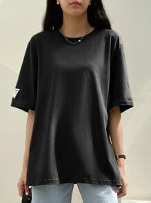 Dazy-Less 字母补丁细节开衩下摆落肩T恤复古风格商务休闲女士工作服 - 黑色 - 查看 4