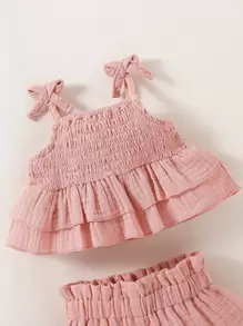 Baby Girl Newborn Shirred Knot Shoulder Cami Top & Paperbag Waist Shorts - Dusty Pink - View 5