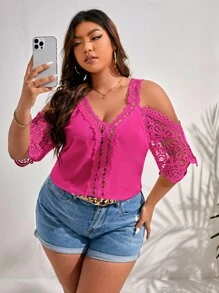 SHEIN Frenchy Plus Contrast Guipure Lace Cold Shoulder Blouse - Hot Pink - View 1