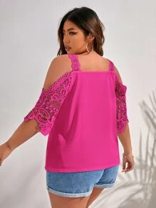 SHEIN Frenchy Plus Contrast Guipure Lace Cold Shoulder Blouse - Hot Pink - View 2