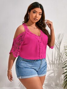 SHEIN Frenchy Plus Contrast Guipure Lace Cold Shoulder Blouse - Hot Pink - View 3