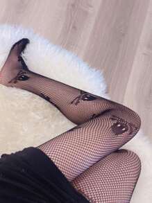 ROMWE Grunge Punk Skeleton Graphic Fishnet Tights - Black - View 2