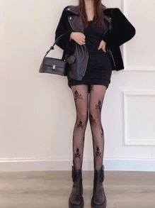 ROMWE Grunge Punk Skeleton Graphic Fishnet Tights - Black - View 4