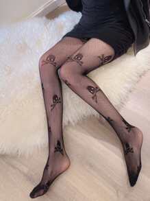 ROMWE Grunge Punk Skeleton Graphic Fishnet Tights - Black - View 6