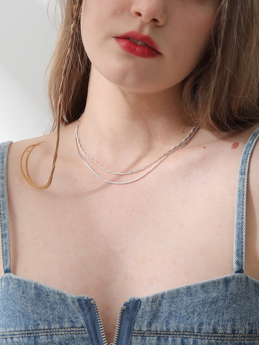 2入組極簡風格項鍊 - 銀色 - 查看 1