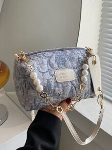 Casual Embroidered Mini Jacquard Letter Patch Decor Faux Pearl Beaded Shoulder Bag, For Women, Rookies & White-Collar Workers,For Girl, Teen Girls,For Lady,For Female For Business/Commute/Work/Office,Gift Bag - Multicolor - View 1