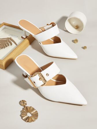 女士搭扣裝飾尖頭酒杯高跟優雅戶外帶跟穆勒鞋