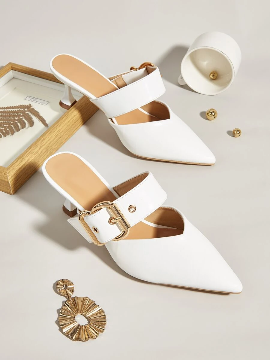 女士搭扣裝飾尖頭酒杯高跟優雅戶外帶跟穆勒鞋