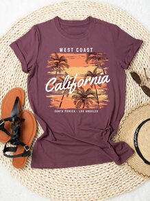 SHEIN Holidaya Camiseta con estampado tropical con letra - Rojo violeta - Ver 1