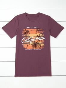 SHEIN Holidaya Camiseta con estampado tropical con letra - Rojo violeta - Ver 4