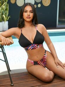 Conjunto de bikini de triángulo con estampado tropical y cordones en la espalda, para playa de verano - Multicolor - Ver 3
