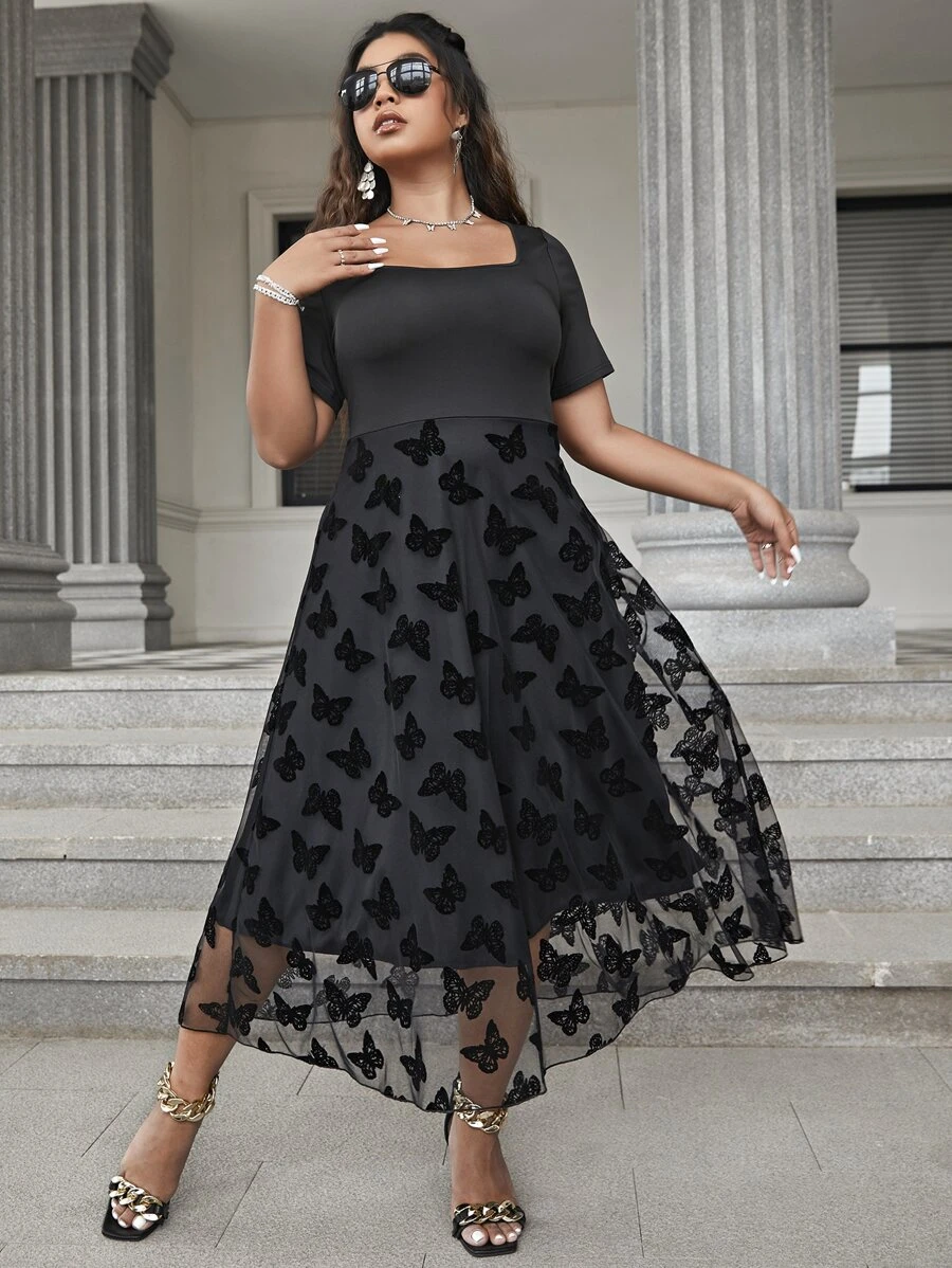 SHEIN Clasi Vestido de cuello cuadrado con mariposa bajo con malla - Negro - Ver 1