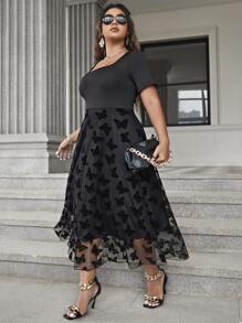 SHEIN Clasi Vestido de cuello cuadrado con mariposa bajo con malla - Negro - Ver 4