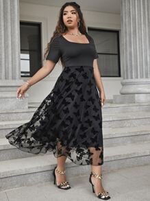 SHEIN Clasi Vestido de cuello cuadrado con mariposa bajo con malla - Negro - Ver 6