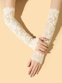 Floral Lace Arm Sleeves - Beige - View 1