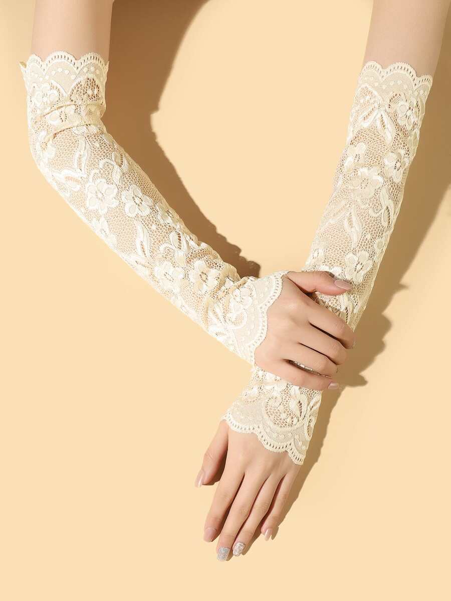 Floral Lace Arm Sleeves - Beige - View 1