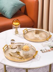 1pc Round Food Tray, Minimalist PS Double Handle Food Tray For Dinner Table - Champagne - View 12
