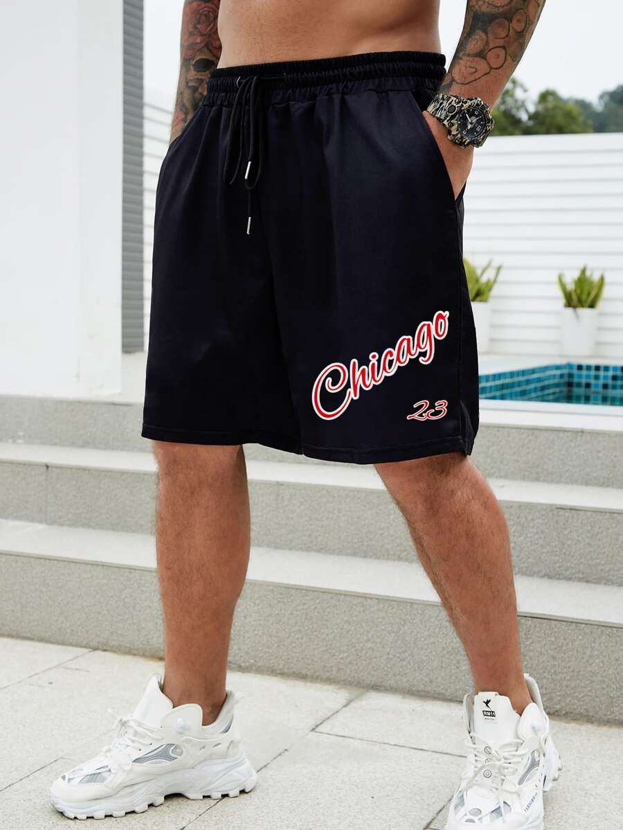 Manfinity Homme 男士字母圖案腰部抽繩短褲 - 黑色 - 查看 1