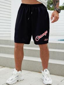 Manfinity Homme 男士字母圖案腰部抽繩短褲 - 黑色 - 查看 4