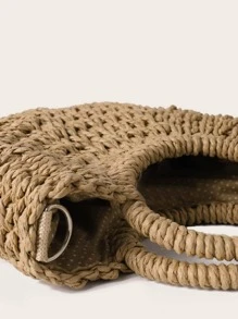 圆形顶部手柄草编包女士编织夏季包大容量手提包半圆形编织草编包，女士夏季斜挎包，迷你圆形手柄草编包休闲手提包，夏季必备品，海滩必备女士包包，适合度假和度假，书包，大容量，便携，适合少女女士大学生，非常适合办公室、大学、小学、初中、高中、工作、商务、通勤，时尚柳条包 - 卡其色 - 查看 4