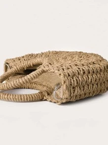 圆形顶部手柄草编包女士编织夏季包大容量手提包半圆形编织草编包，女士夏季斜挎包，迷你圆形手柄草编包休闲手提包，夏季必备品，海滩必备女士包包，适合度假和度假，书包，大容量，便携，适合少女女士大学生，非常适合办公室、大学、小学、初中、高中、工作、商务、通勤，时尚柳条包 - 卡其色 - 查看 5