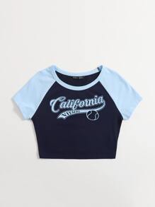 Muchica Camiseta corta con estampado letra & béisbol de manga raglán - Azul - Ver 4