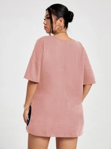 SHEIN Unity 加心印花落肩 T 恤图案 T 恤女式上衣 - 藕粉色 - 查看 2