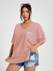 SHEIN Unity 加心印花落肩 T 恤图案 T 恤女式上衣 - 藕粉色 - 查看 1