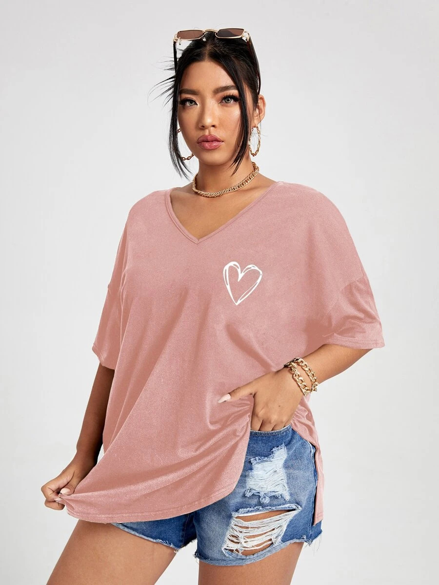 SHEIN Unity Áo thun hở vai in hình trái tim Plus Graphic Tee dành cho nữ - Bụi hồng - Xem 1