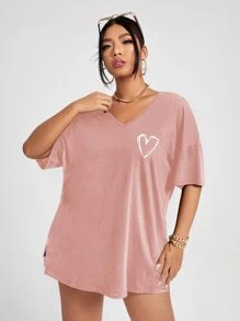 SHEIN Unity 加心印花落肩 T 恤图案 T 恤女式上衣 - 藕粉色 - 查看 4