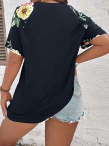 SHEIN LUNE Plus Floral Print Raglan Sleeve Tee - Navy Blue - View 2
