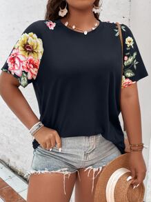 SHEIN LUNE Plus Floral Print Raglan Sleeve Tee - Navy Blue - View 3