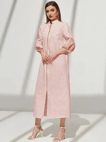 Al Najma Embroidery O-ring Zipper Split Bishop Sleeve Dress - Baby Pink - View 3