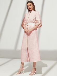 Al Najma Embroidery O-ring Zipper Split Bishop Sleeve Dress - Baby Pink - View 4