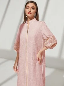 Al Najma Embroidery O-ring Zipper Split Bishop Sleeve Dress - Baby Pink - View 6