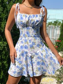 Floral Print Ruched Bust Knot Shoulder Ruffle Hem Cami Romper - Multicolor - View 1