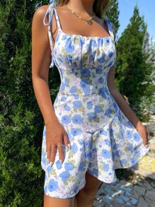 Floral Print Ruched Bust Knot Shoulder Ruffle Hem Cami Romper - Multicolor - View 6