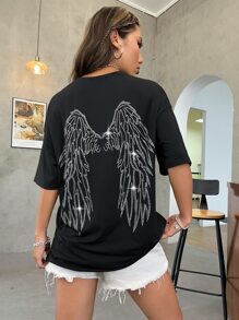 SHEIN Unity Camiseta gráfica con hombros caídos y diseño de alas de pedrería para mujeres - Negro - Ver 4