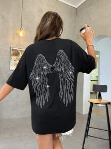 SHEIN Unity Camiseta gráfica con hombros caídos y diseño de alas de pedrería para mujeres - Negro - Ver 5
