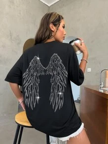 SHEIN Unity Camiseta gráfica con hombros caídos y diseño de alas de pedrería para mujeres - Negro - Ver 6