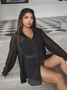 Calvaya Hơn Áo sơ mi Buộc lại Tách Nút Thông qua - màu đen - Xem 6