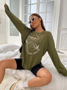 SHEIN Unity Camiseta de hombros caídos de onda & con estampado de slogan - Verde militar - Ver 3