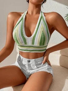 Top de punto de color combinado de espalda abierta corto halter - Multicolor - Ver 5