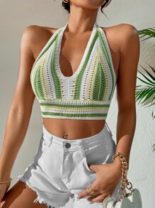Top de punto de color combinado de espalda abierta corto halter - Multicolor - Ver 6