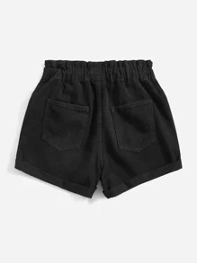 Tie Waist Light Wash Denim Shorts - Black - View 2